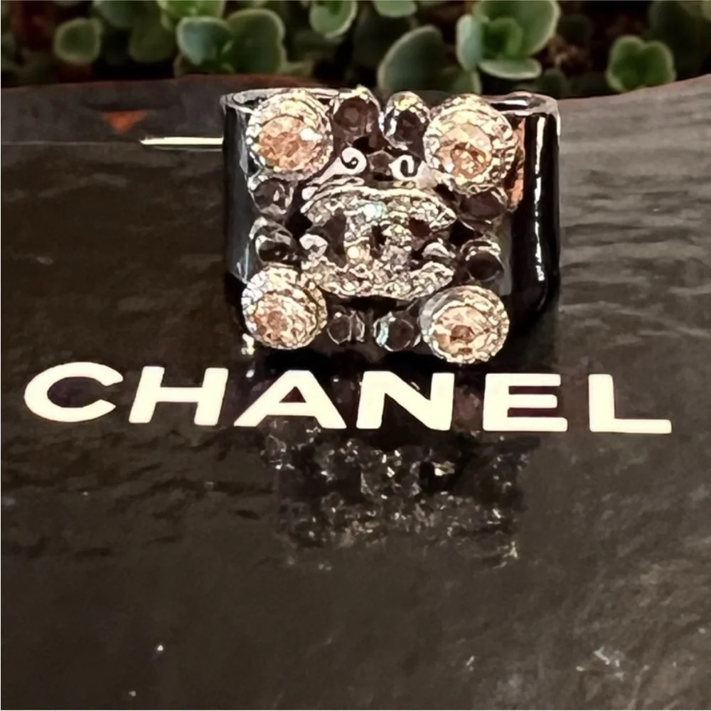 CHANEL Silver and Black Crystal Ring